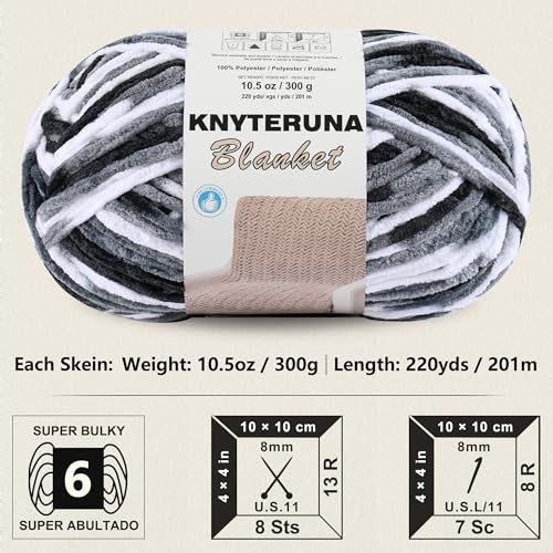 Image of #6 Super Bulky Blanket Yarn for Crocheting - 4 Skeins(Each 10.5oz /300g, 220yds /201m), Chunky Chenille Thick Plush Big Soft Yarn for Crocheting Knitting Blankets, Black & Grey & White