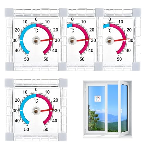 Lot de 4 thermomètres d'extérieur résistants aux intempéries + - 50 °C - Thermomètre de fenêtre extérieur autocollant transparent - Thermomètre analogique pour fenêtre et porte