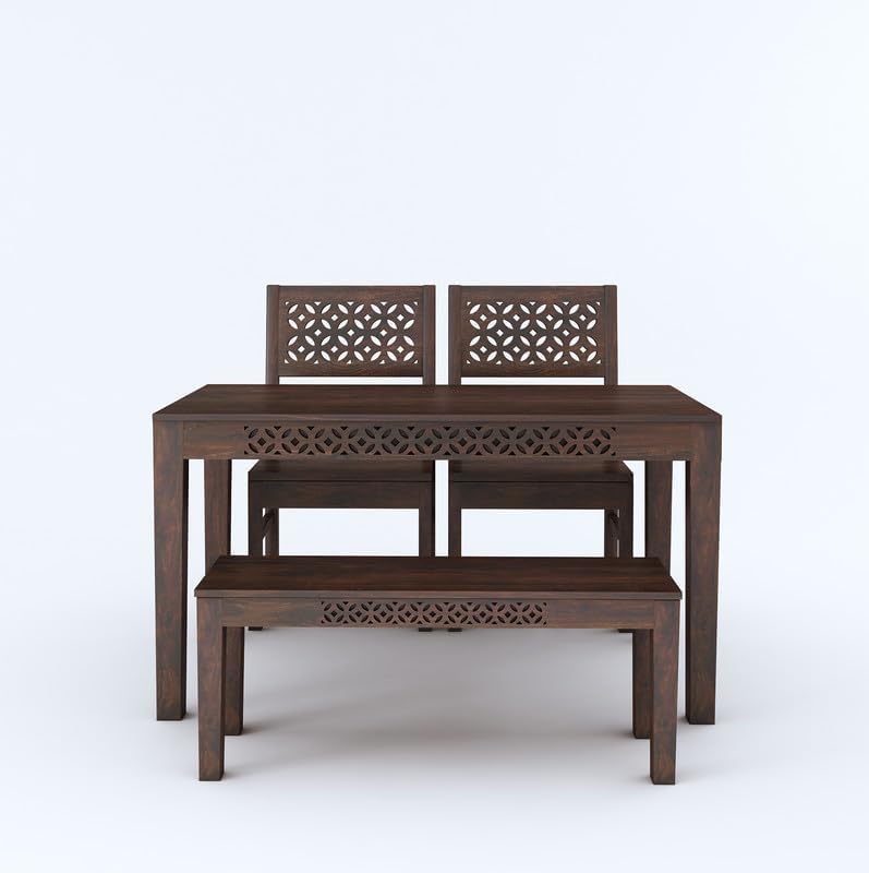 Image of Solid Sheesham Wood Dining Table Set with Chairs | Brown Modern Decorative Dining Set for Home /Office /Dining Room /Hotels | Walnut Brown 4 Seater
