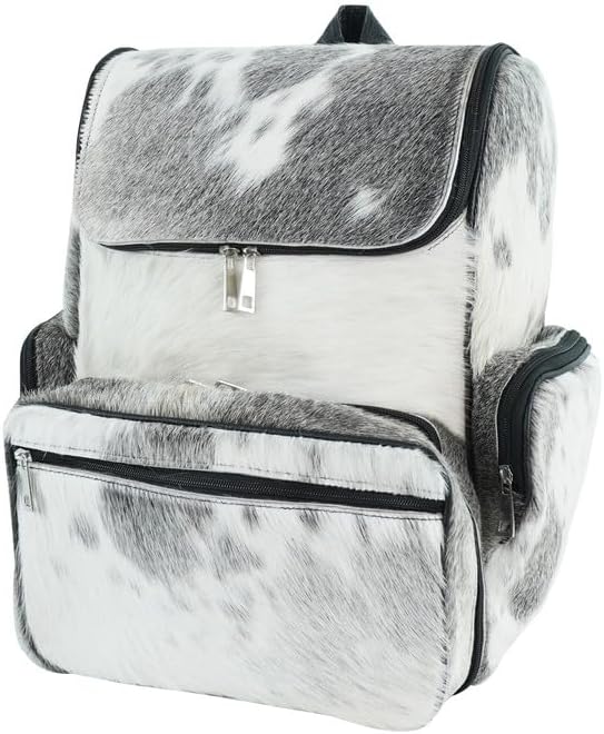 Cowhide Leather Backpack Hair-On Hide Western Knapsack - Brown & White Genuine Leather Travel Shoulder Bag, Diaper Bag, College & Everyday Use