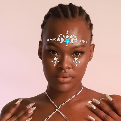 Miniatura 4 de 3 calcomanías de cara de estrella, joyas de cara de cristal con diamantes de imitación plateados, accesorios de fiesta para mujeres y niñas (B)