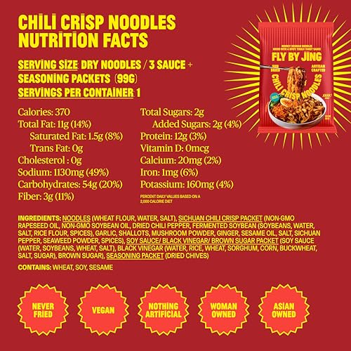 Image of FLYBYJING Chili Crisp Noodles - Sun-Dried Asian Instant Noodles with Sichuan Chili Crisp Sauce - Ready in 6 Minutes - Premium Non-Fried Vegan Noodle, 12g Protein, Non-GMO (Pack of 6)