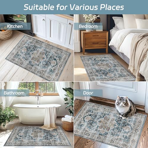 Madane Washable Area Rug 2x3, Small Entryway Rug Non-Slip Vintage Door Mat Indoor Entrance, Low Pile Floor Carpet for Inside Front Door Bedroom Kitchen Entry Laundry (2'x3', Navy)
