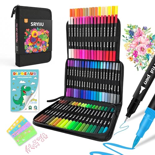 72 Dual Tip Colouring Pens Set Felt Tip Pens for adults & Fineliner Markers Brush Pens Set includes Colouring Books Stickers and Patterned Templates for Painting Writing Drawing and Sketching