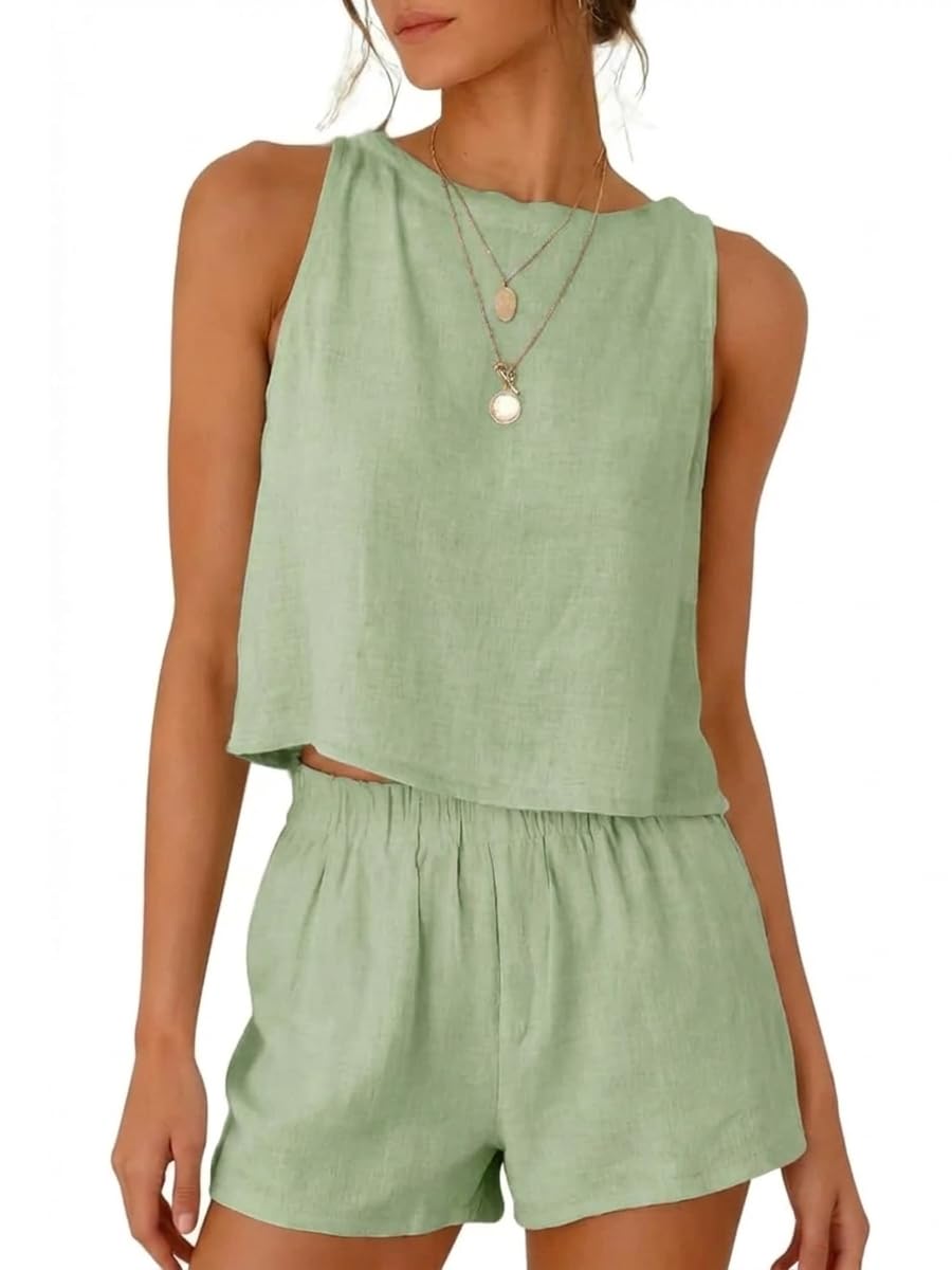 Photo 1 of IDEALSANXUN Linen Sets for Women 2 Piece Outfits 2026 Fashion Spring Summer Beach Vacation Outfits Two Piece Sets Tank Tops and Linen Shorts, Light Green, XS