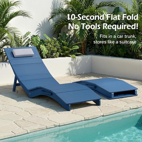 Image of Stoog Folding Pool Lounge Chair, HIPS Outdoor Anti-Floating Recliner with Headrest, Pool Chairs for Hotel, Beach & Sun Decks, Blue