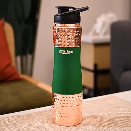 Image of Artarium Pure Copper Sipper Water Bottle 1 Litre Durable Bottle Leak Proof Rust Free Copper Bottle With Added Ayurveda Yoga Health Benefits (Sipper Water Bottle Green 29Cm)