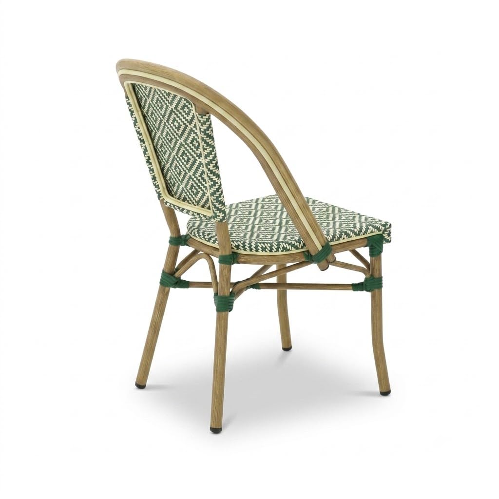 Chaise Bistrot Extérieur Intérieur Empilable – Structure Aluminium Aspect Bambou – Assise et Dossier en Textilène Tressé – Style Terrasse de Café Parisien – Jardin, Balcon, Restaurant (Vert+Beige)