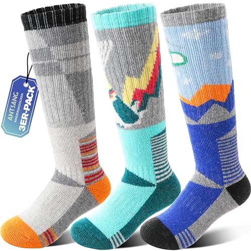 ANTSANG Kinder Merino Woll Skisocken Jungen Mädchen Thermisch Dick Warm Winter Gemütlich Kniehohe Socken zum Skifahren Snowboarden 3 Paar(Grau/Orange/Blau,26-29)