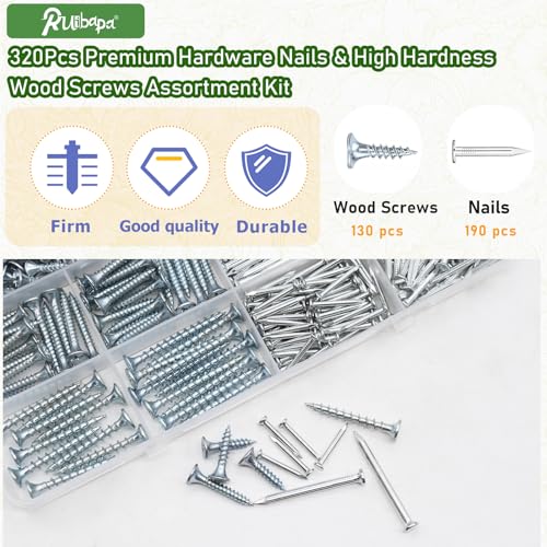 320Pcs Premium Hardware Nails & High Hardness Wood ScrewsAssortment Kit, 11 Sizes (1/2"-2"),Phillips Drive Flat Head, Wood Screws, Galvanized, Picture Hanging, Wood, Common Nails with Storage Box