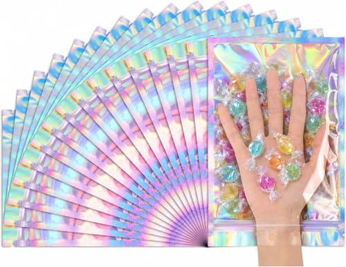 FUNFERY 6.3x9.4 SmellProof Holographic Resealable Bag,Clear Mylar Favor Bag