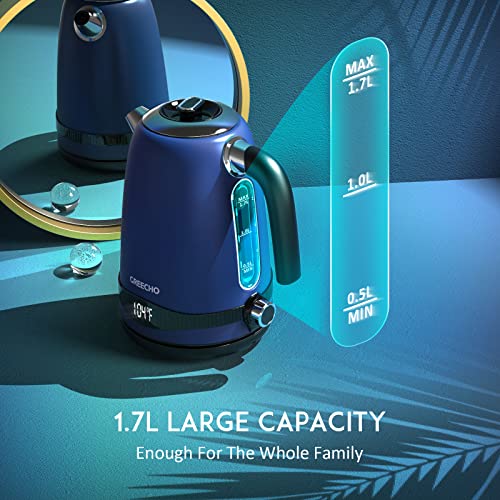Greecho Electric Kettle Temperature Control, 1.7L Electric Tea Kettle With Led Display & 7 Heat Settings , 304 Stainless Steel Hot Water Kettle Electric With 1100W Overheat & Boil-Dry Protection, Blue #TOP6