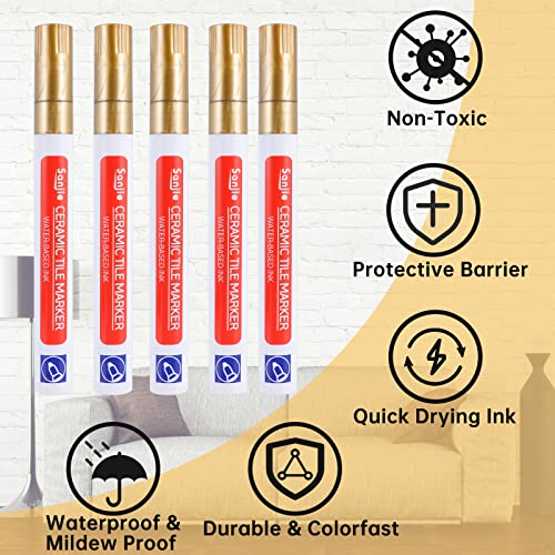 5PCS Fugenstift Gold Wasserfest, Fliesen Restaurator Stift, Fugen Erneuern Reparatur Marker mit Ersatzspitze, Schnell Trocknend für Wand Boden Küchen und Badezimmern