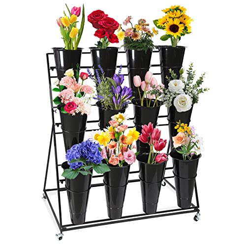 Flower Display Stand with Buckets - 3 Tiers 12 Buckets, Plant Stand, Mobile Flower Shop Display Stand with Wheels,for Indoor Outdoor Patio Garden, Living Room, Florist (Color : D)