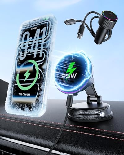 CloudValley Qi2.2 25W Cargador inalámbrico para Coche, Soporte magnético para móvil con Ventilador y Adaptador 45W, Ventosa giratoria 360°, Carga rápida, Compatible MagSafe iPhone 17/16/15/14