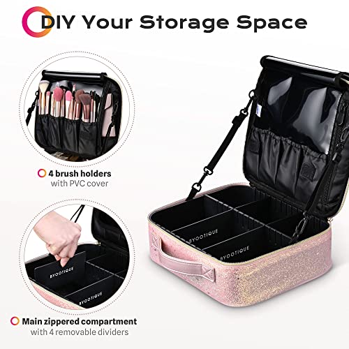 Byootique Travel Makeup Train Cases Sequin Cosmetic Bag Professional Lipstick Organizer With Adjustable Dividers For Cosmetics Makeup Brushes Lipstick Toiletry Travel Accessories, Glitter Pink #TOP2