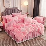 JAUXIO Luxury Abstract Faux Fur Bedding Set Tie Dye Printed Shaggy Duvet Cover with Pillow Shams Soft Crystal Velvet Reverse (Pink, Twin)