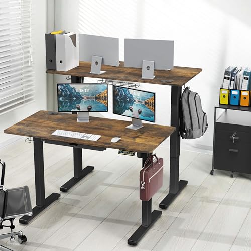 Image of SHW 48-Inch Electric Height Adjustable Standing Desk with Drawer, Memory Preset and Cable Management Tray, Rustic Brown