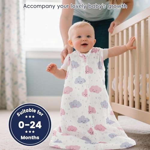 Image of PHF Soft Muslin Cotton Baby Sleep Sack 6-12 Months, 2 Pack 100% Cotton Sleeping Sack for Summer, 0.5 TOG Baby Wearable Blankets with 2-Way Zipper, Sleep Sacks for Boys Girls Newborn, Sheep