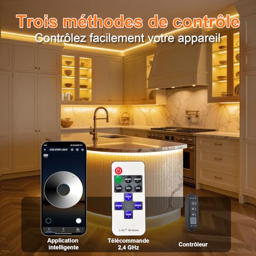 Ruban Led Cob Blanc Chaud COB Gliztech 5m variable 2700K IRC90 avec télécommande et appli - 4