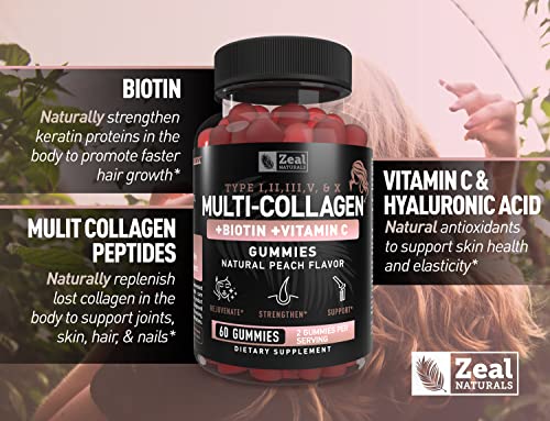 Multi Collagen Peptide Gummies (1, 2, 3, 5 & 10) + Vitamin C + Biotin + Hyaluronic Acid | Supports Healthy Hair, Skin, And Nails | Non-Gmo And Gluten-Free | Natural Peach Flavor | 60 Gummies #TOP4