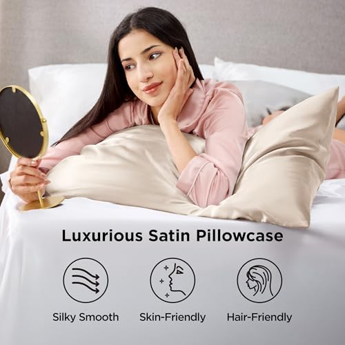 image for Bedsure King Size Satin Pillowcase Set of 2 - Beige Silky Pillow Cases