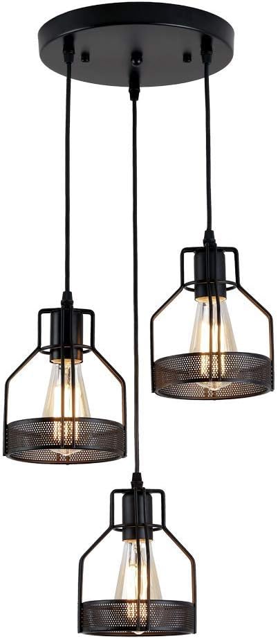 Suspension Luminaire Industrielle,Lustre Plafonnier Vintage Lampe De Culot E27 En Métal Pour Cuisine Salon Chambre Restaurant Couloir Café, 3-Lumière, Noir.