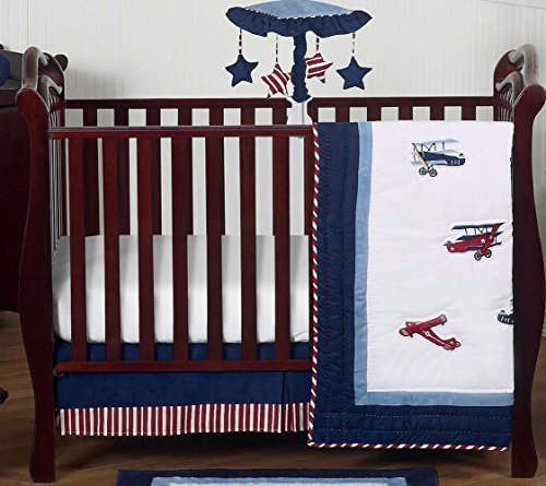 Image of Sweet JoJo Designs Aviator Airplane Baby Boy Nursery Crib Bedding Set - 4 Pieces - Red, White and Blue Vintage