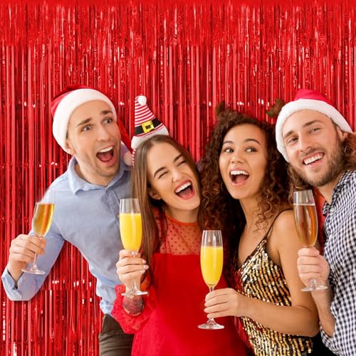 Image of 3 Pack Red Foil Fringe Curtains Backdrop, 3.28 x 9.8 Ft Metallic Streamers Tinsel Curtains Background for Photo Booth, Birthday, Halloween, Christmas, Thanksgiving, New Year Party Decorations