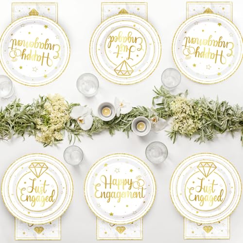 Image of Greencian 96Pcs Gold Happy Engagement Party Decorations, Serves 24 | Just Engaged Plates and Napkins She Said Yes Engagement Tableware Set for Engaged Proposal Wedding Bridal Shower Supplies