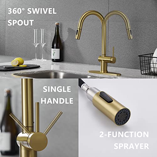 Yardmonet Brushed Gold Kitchen Faucet With Pull Down Sprayer, Modern Gold Kitchen Sink Faucet Single Hole With 10" Deck Plate, Single Handle Pull Out Kitchen Faucets For Sink #TOP7