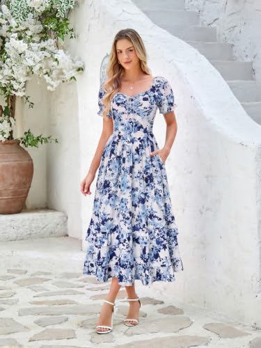 Image of Scarlet Darkness Women Floral Maxi Dress Puff Sleeve Tea Party Corset Dress | Pockets, Ruched Bust, Ruffled Hem, for Cottagecore Fairy Milkmaid Vacation