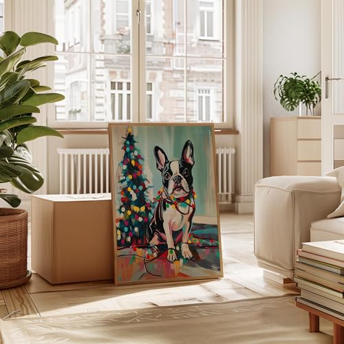 Image of aj decor Boston Terrier Christmas Wall Art Print Poster, Dog Pet Lover Picture Painting Artwork Bedroom Living Room Office Dining Room 150D (Boston Terrier Christmas, 11 inch W x 14 inch L, Wood Frame)