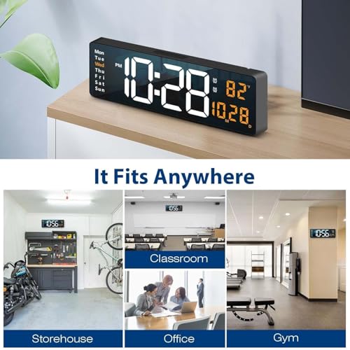 Image of Digital Wall Clock, Digital Clock Large Display, Dual Alarms, Automatic Brightness Dimmer- Easy Track The Time, Date, Day of Week and Temperature, with Remote Control (16 inch Rectangle White & Orenge)