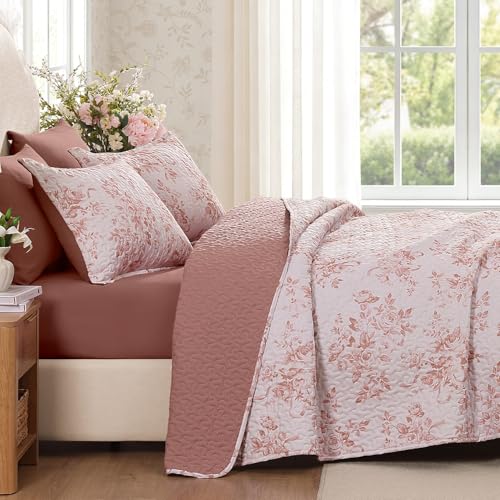 Image of Andency Quilt Queen Size, Pink Flower Bedspread Queen Size, 3 Pieces Soft Bedding Set, Lightweight Coverlet Set for All Season with 2 Pillowcases (96 inchx90 inch)