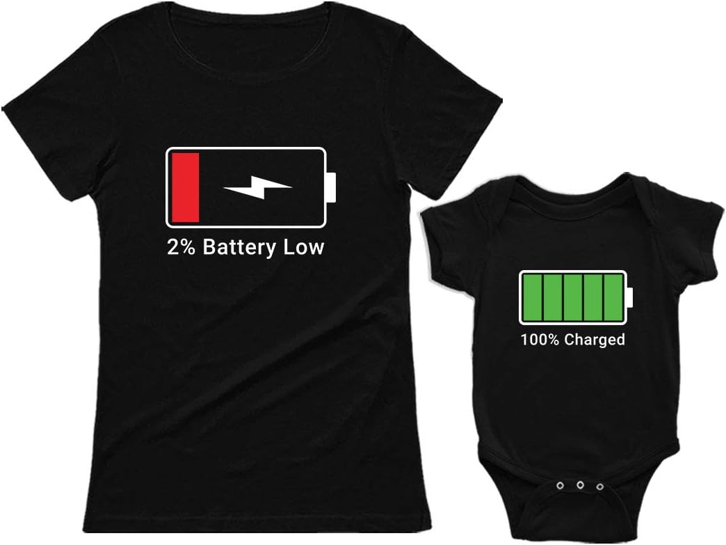 100% Charged and Low Battery Baby Bodysuit Mum Women T-Shirt Funny Matching Set