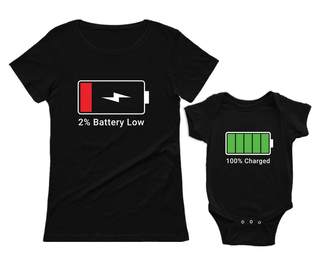 100% Charged and Low Battery Baby Bodysuit Mum Women T-Shirt Funny Matching Set