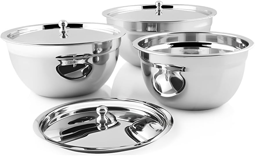 Shri & Sam and Tezon Stainless Steel Serving Bowl with Lid, 3-Pieces, Silver