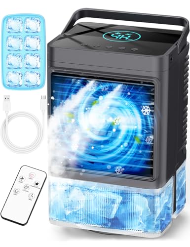 COOLECH Small Air Conditioner w/ 3 Speeds&3 Modes, Remote, 1100ML Tank Humidifier, 8-Cube Ice Tray, 120° Oscillating, 4 IN 1 Portable Air Conditioners, 7-Color Light, 4H Timer Desk AC Unit for Bedroom