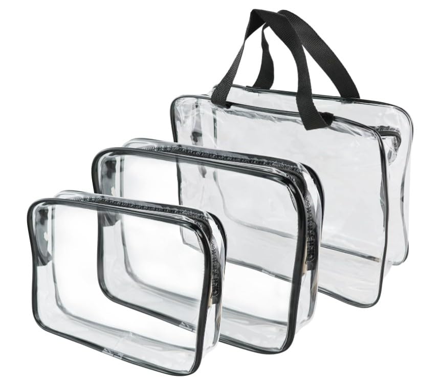 3 Bolsas de Aseo de Viaje Transparentes de PVC Negro con Cremallera, Bolsa de Aseo Transparente, Bolsa de Aseo Impermeable, Organizador de artículos de tocador, con 1 Bolsa Negra