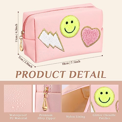 Sanwuta 20 Pcs Preppy Patch Makeup Bag Bulk PU Leather Cosmetic Bags Chenille Letters Organizer Smile Lightning Heart Toiletry Pouch Waterproof Zipper Purse End of the Year Teacher Gifts for Women2
