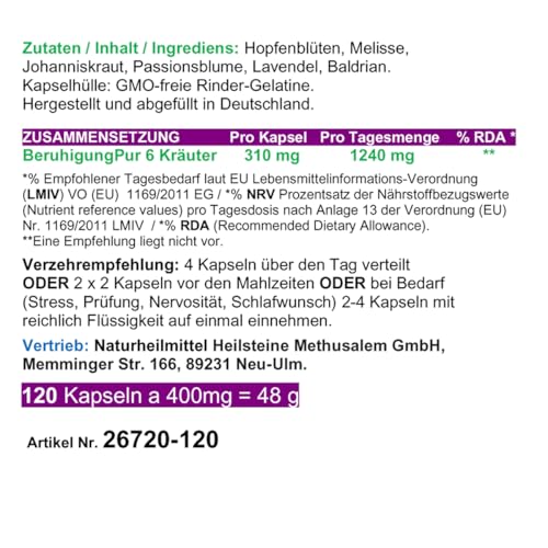 BERUHIGUNG, ENTPANNUNG 120 Kapseln PFLANZLICHES Beruhigungsmittel mit Baldrian Hopfen Melisse Lavendel Johanniskraut Passionsblume. Natürliche BERUHIGUNGSKAPSELN. OHNE ZUSATZSTOFFE. 26720-120