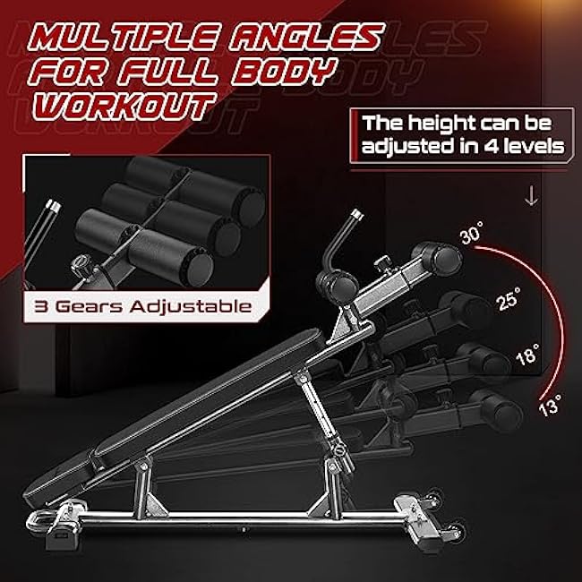 BODY RHYTHM Professional Sit-Up Bench with 4 Adjustable Heights and Reverse Crunch Handle, Adjustable Weight Bench and Flat, Incline & Decline Bench Press, Great Strength Training Slant Bench and Ab &