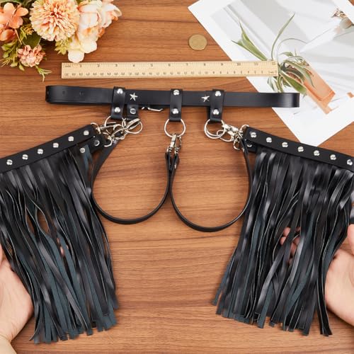 GORGECRAFT Black Tassel Waist Belt Vintage PU Leather Punk Wide Long Fringe Fashion Adjustable Women Jeans Skirt Waistband Belts for Halloween Party Dance Cosplay Costume Fancy Dress3