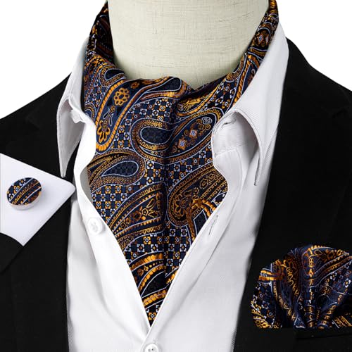 Image of DiBanGu Mens Silk Ascot Ties Paisley Jacquard Woven Cravat and Pocket Square Cufflinks with Lapel Pin for Business Wedding