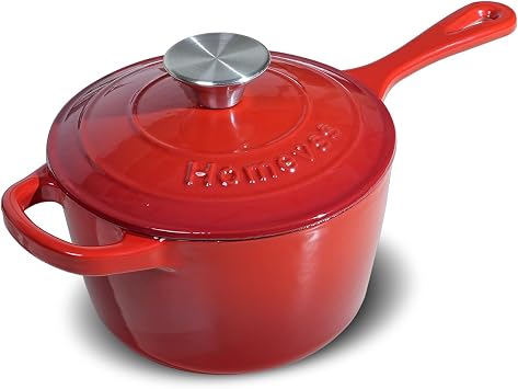 HomeVSS Enameled Cast Iron Sauce Pan with Lid, 1.75 Quart Saucepan with Lid, Enamel Cast Iron Dutch Oven Kitchen Cookware for All Cooktops Making Pasta Sauce, Milk,Red