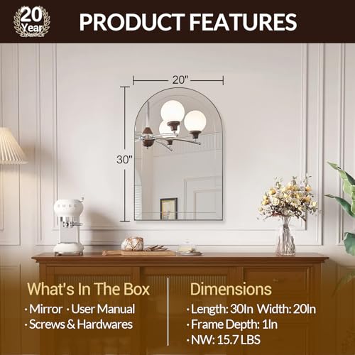 Image of MOON MIRROR Arched Mirror for Bathroom, Bathroom Mirrors for Over Sink, 20x30 inch Brushed Nickel Non-Rusting Vanity Mirror in Delicate Tessellated Glass Design