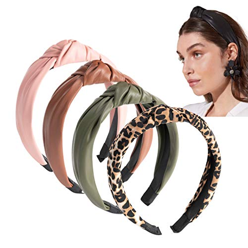 Cute Vegan Leather Knotted Headbands For Women, Bonus Leopard Fabric Headband. Set of Knot Turban Headwear Barrette Styling Tools Accessories For Any and Every Outfit. Comfortable