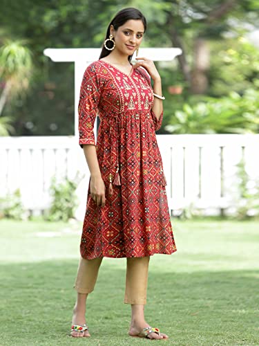 Image of Juniper Women's Rayon Festive Printed Flared Kurta for Women