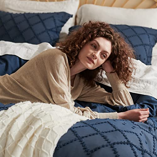 Bedsure Boho Duvet Cover Queen - Boho Bedding, Tufted Queen Duvet Cover For All Seasons, 3 Pieces Embroidery Shabby Chic Home Bedding Duvet Cover Set (Navy, Queen, 90X90'') #TOP3
